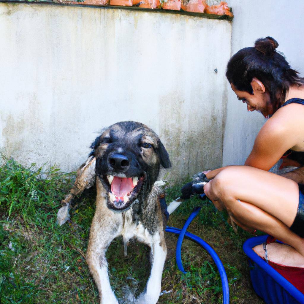 Person bathing a dog, smiling