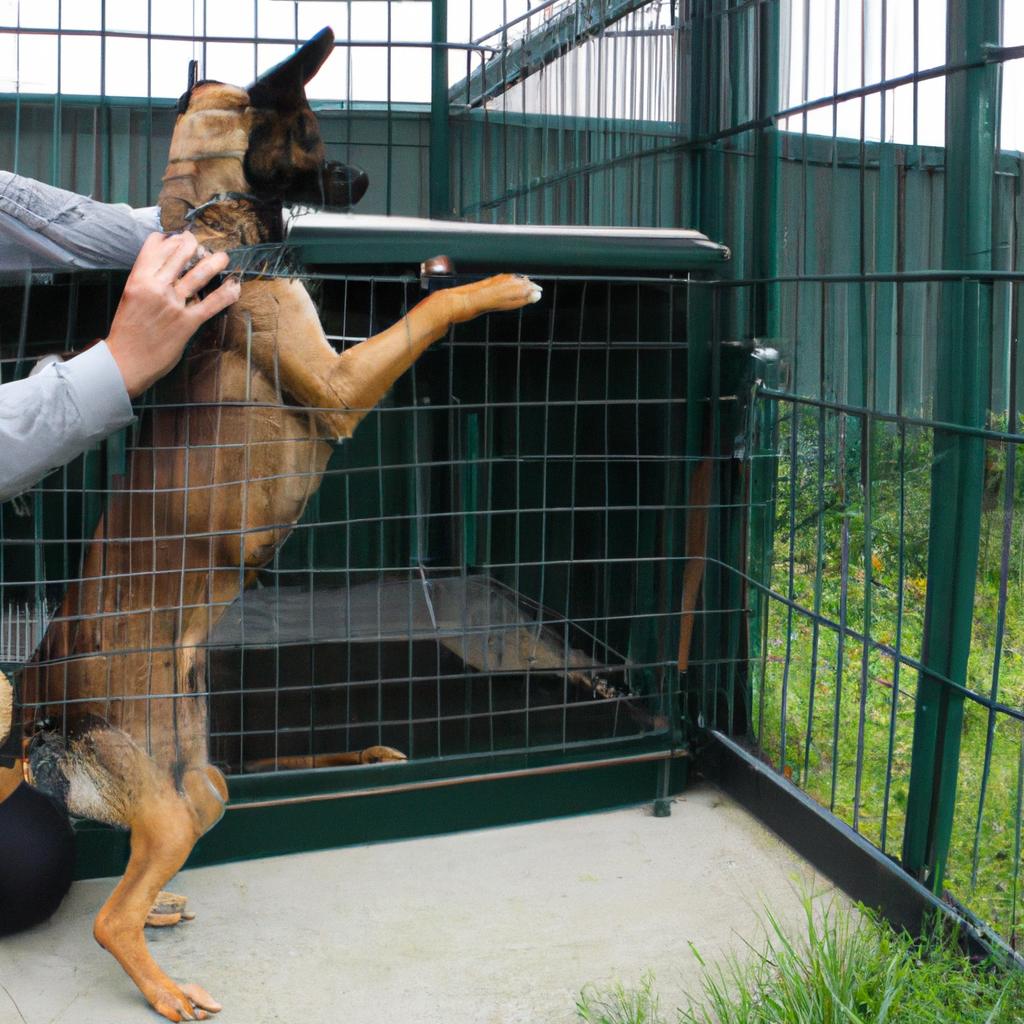 Person crate training a dog