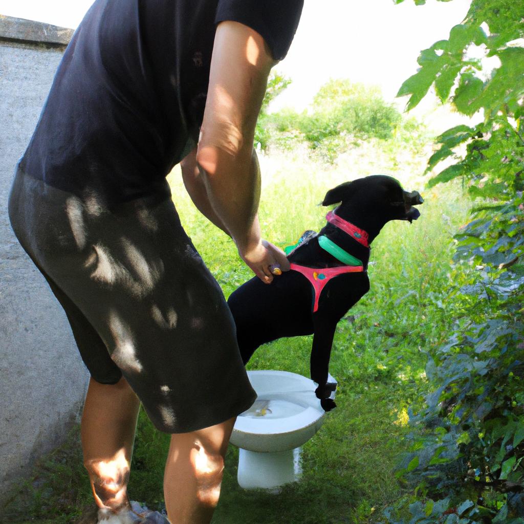 Person teaching dog to use toilet
